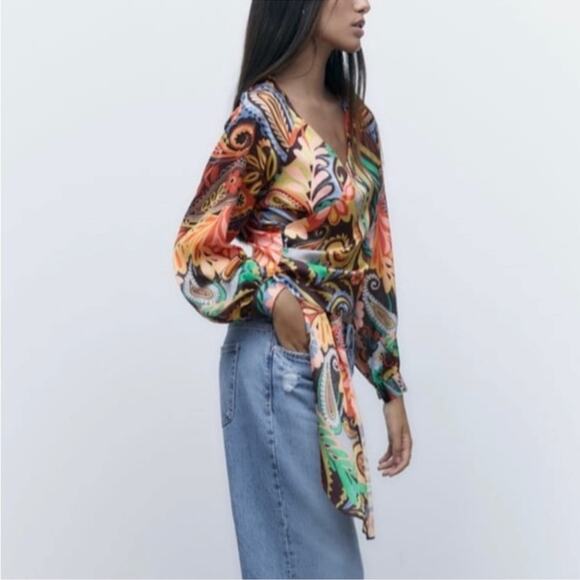 Zara multicolor printed crossover top wrap long sleeve blouse NWT - Picture 2 of 14